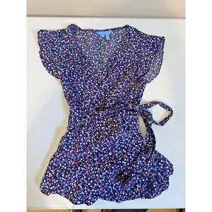 Draper James Top Womens Sz 12‎ Blue Floral Wrap Flutter Sleeve Tie Ruffle Blous